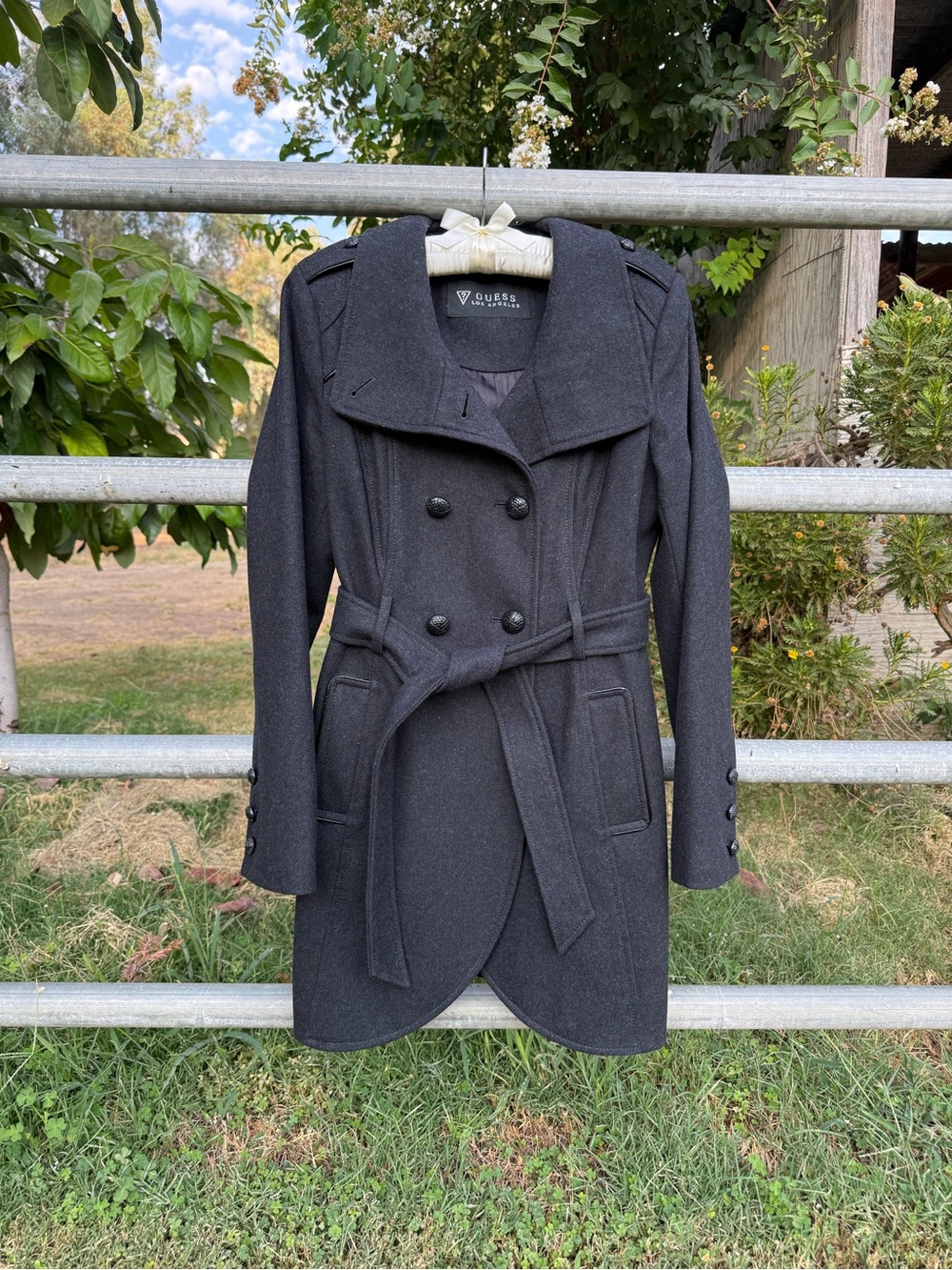 GUESS Black Double-Breasted Belted Peacoat